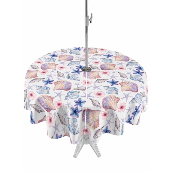 Outdoor Tablecloth with Umbrella Hole Zipper Blue Flower Round Tablecloth 60" Waterproof Outside Table Cloth Summer Coastal Shell Ocean Conch Starfish Patio Table Cover Tablecloths for Picnic Party