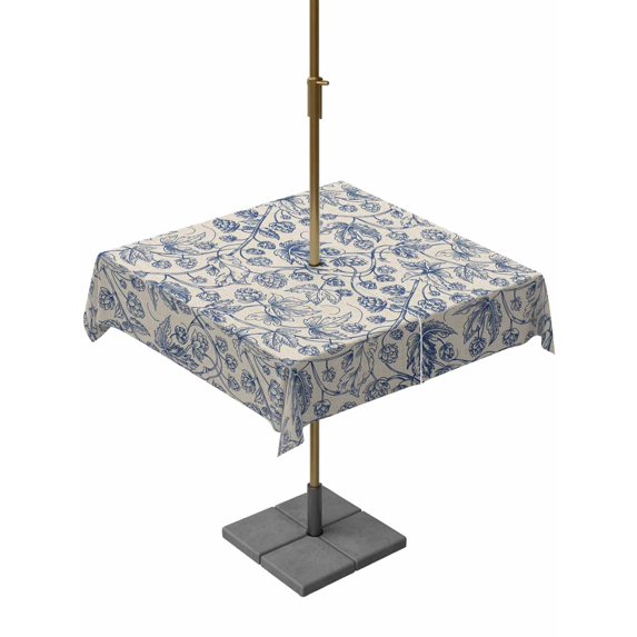 Outdoor Tablecloth with Umbrella Hole and Zipper, Blue Flowers Waterproof Patio Tablecloth for Dining 54''x54'', Retro Rustic Botanical Floral Leaves Vines Wipeable Table Cover for Picnic BBQ Party