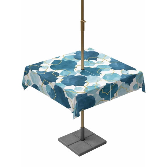 Outdoor Tablecloth with Umbrella Hole and Zipper, Blue Geometric Moroccan Square Table Cloth 60x60 Inch Waterproof Tablecloth, Abstract Art Blue Ombre Modern Picnic Table Cover for Patio Camping