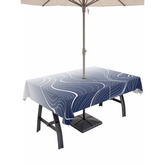 Outdoor Tablecloth with Umbrella Hole and Zipper, Blue Geometric Rectangle Table Cloth 54x80 Inch Waterproof Tablecloth, Modern White Stripe Abstract Distortion Art Picnic Table Cover for Patio