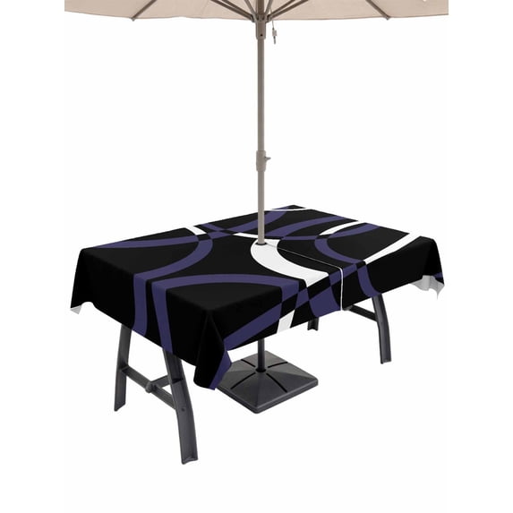 Outdoor Tablecloth with Umbrella Hole and Zipper, Blue Geometric Rectangle Table Cloth 60x120 Inch Waterproof Tablecloth, Contemporary White Abstract Lines Black Picnic Table Cover for Patio Camping