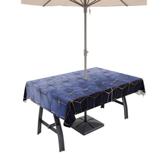 Outdoor Tablecloth with Umbrella Hole and Zipper, Blue Geometric Rectangle Table Cloth 60x84 Inch Waterproof Tablecloth, Ombre Modern Abstract Art Picnic Table Cover for Patio Camping