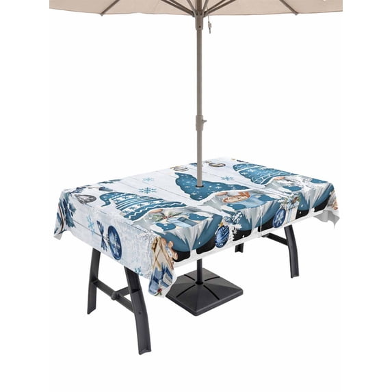 Outdoor Tablecloth with Umbrella Hole and Zipper, Blue Gnomes Christmas Rectangle Table Cloth 60x102 Inch Waterproof Tablecloth, Xmas Balls Tree Snowflake Wooden Picnic Table Cover for Patio Camping