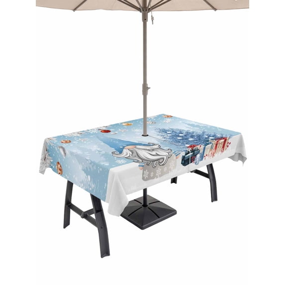 Outdoor Tablecloth with Umbrella Hole and Zipper, Blue Gnomes Christmas Rectangle Table Cloth 60x84 Inch Waterproof Tablecloth, Snowflake Xmas Tree Ball Gifts Picnic Table Cover for Patio Camping