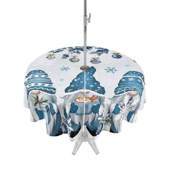 Outdoor Tablecloth with Umbrella Hole and Zipper, Blue Gnomes Christmas Round Table Cloth 54 Inch Waterproof Tablecloth, Xmas Ball Gifts Botanical Snowflake Picnic Table Cover for Patio Camping