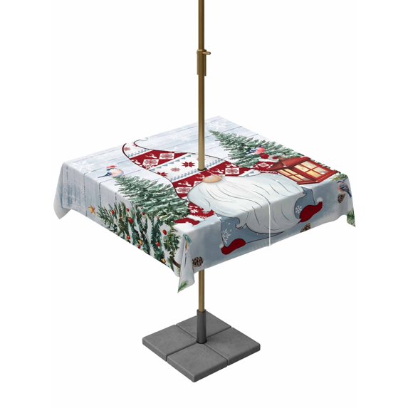 Outdoor Tablecloth with Umbrella Hole and Zipper, Blue Gnomes Christmas Square Table Cloth 60x60 Inch Waterproof Tablecloth, Xmas Tree Snowflake Winter Holiday Picnic Table Cover for Patio Camping