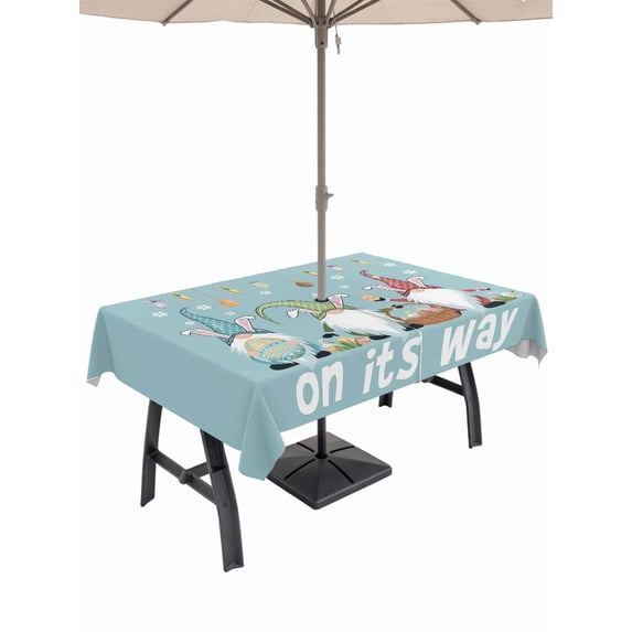 Outdoor Tablecloth with Umbrella Hole and Zipper, Blue Gnomes Easter Rectangle Table Cloth 60x84 Inch Waterproof Tablecloth, Eggs Botanical Carrot Pastoral Picnic Table Cover for Patio Camping