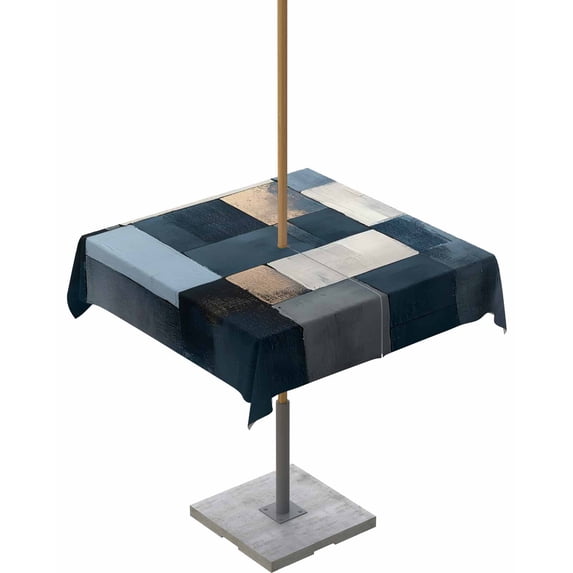 Outdoor Tablecloth with Umbrella Hole & Zipper, Blue Gray Beige Square Tablecloth 54x54 Inch, Modern Abstract Geometric Striped Art Patio Table Cover Waterproof Table Cloth for Picnic/Party