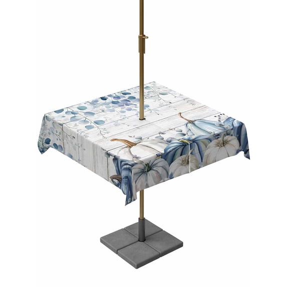 Outdoor Tablecloth with Umbrella Hole and Zipper, Blue Gray Pumpkins Fall Square Table Cloth 54x54 Inch Waterproof Tablecloth, Thanksgiving Eucalyptus Leaves Picnic Table Cover for Patio Camping