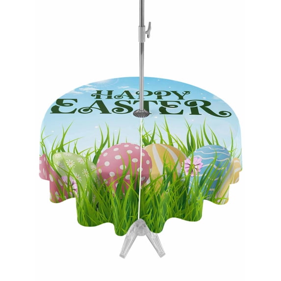 Outdoor Tablecloth with Umbrella Hole Zipper Blue Green Easter Round Tablecloth 60" Waterproof Outside Table Cloth Spring Colorful Eggs Grass Sky Nature Patio Table Cover Tablecloths for Picnic Party