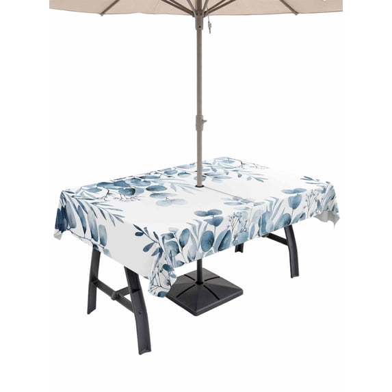 Outdoor Tablecloth with Umbrella Hole and Zipper, Blue Green Eucalyptus Leaves Rectangle Table Cloth 60x102 Inch Waterproof Tablecloth, Spring Summer Botanical Picnic Table Cover for Patio Camping