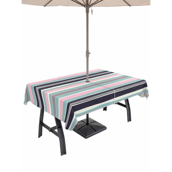 Outdoor Tablecloth with Umbrella Hole and Zipper, Blue Green Pink Striped Rectangle Table Cloth 52x70 Inch Waterproof Tablecloth, Farmhouse Vintage Stripe Picnic Table Cover for Patio Camping