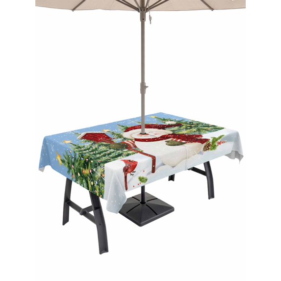 Outdoor Tablecloth with Umbrella Hole and Zipper, Blue Green Snowman Christmas Rectangle Table Cloth 60x120 Inch Waterproof Tablecloth, Xmas Tree Snowflake Winter Picnic Table Cover for Patio Camping