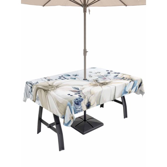 Outdoor Tablecloth with Umbrella Hole and Zipper, Blue Grey Pumpkins Fall Rectangle Table Cloth 52x70 Inch Waterproof Tablecloth, Thanksgiving Botanical Picnic Table Cover for Patio Camping