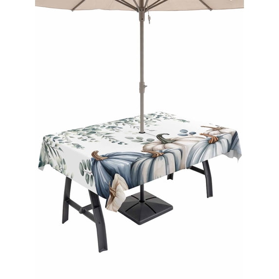 Outdoor Tablecloth with Umbrella Hole and Zipper, Blue Grey Pumpkins Fall Rectangle Table Cloth 60x102 Inch Waterproof Tablecloth, Eucalyptus Leaves Thanksgiving Picnic Table Cover for Patio Camping