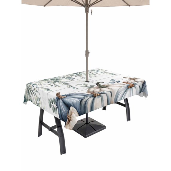 Outdoor Tablecloth with Umbrella Hole and Zipper, Blue Grey Pumpkins Fall Rectangle Table Cloth 60x102 Inch Waterproof Tablecloth, Thanksgiving Eucalyptus Leaves Picnic Table Cover for Patio Camping
