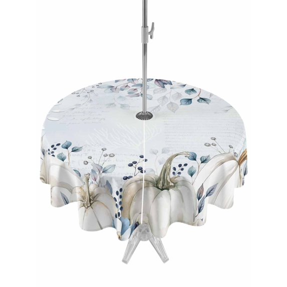 Outdoor Tablecloth with Umbrella Hole and Zipper, Blue Grey Pumpkins Fall Round Table Cloth 54 Inch Waterproof Tablecloth, Thanksgiving Botanical Picnic Table Cover for Patio Camping