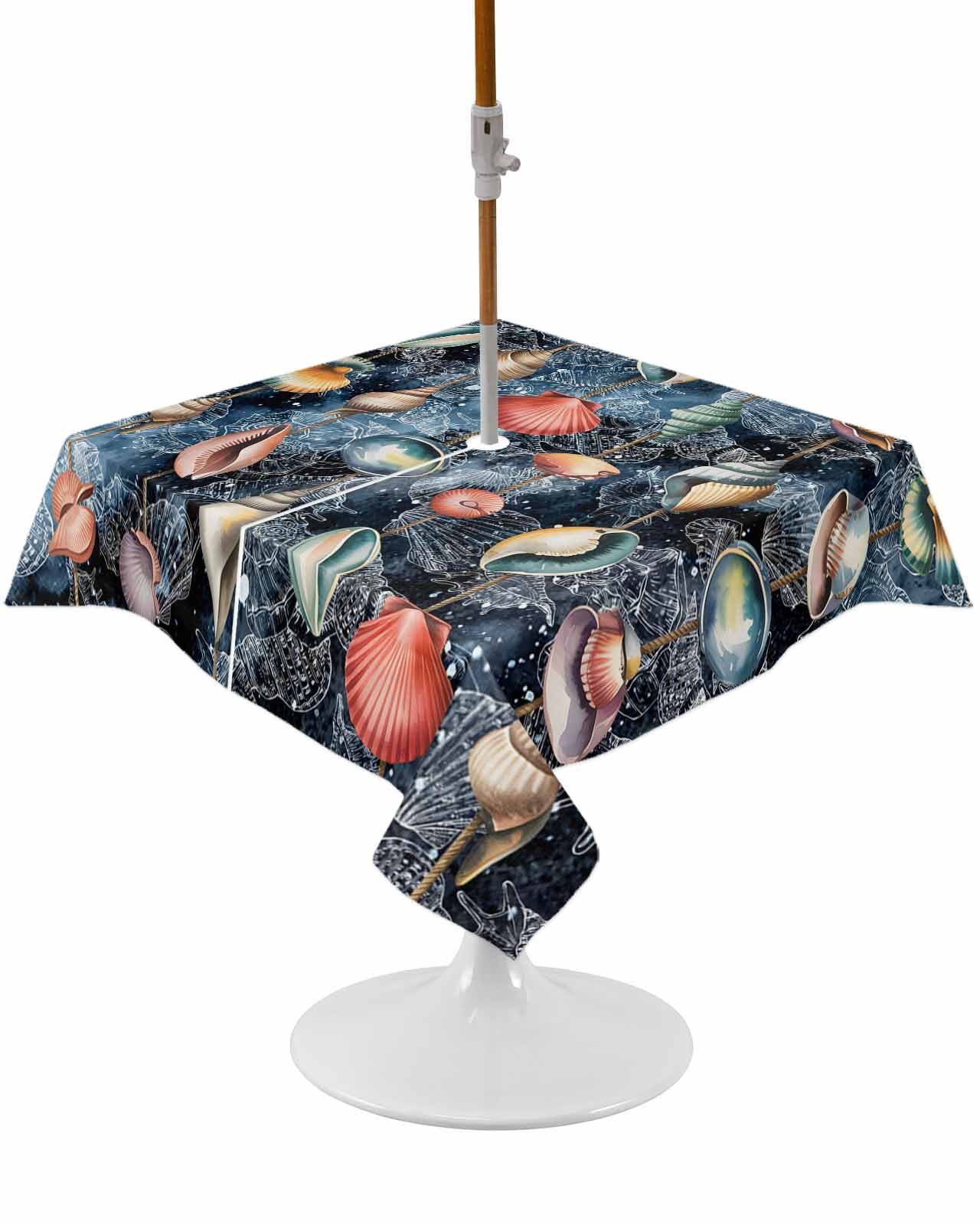 Shell Table Clothes Outdoor Tablecloth with Umbrella Hole and Zipper Blue Marine Life ...