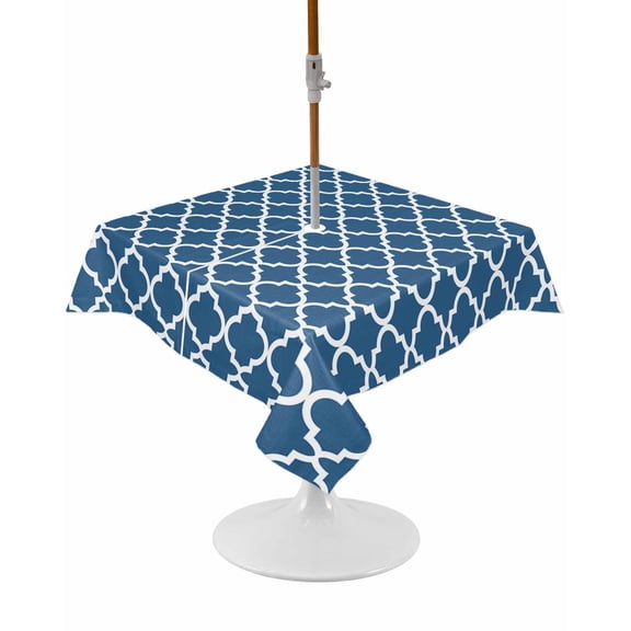 Outdoor Tablecloth with Umbrella Hole and Zipper Blue Morocco Texture Square Tablecloths 54x54 Inch Waterproof Table Cloths Geometric Patio Table Cover for Outdoor Tables Picnic BBQS Party Decor