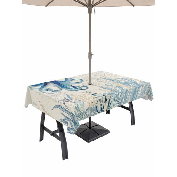 Outdoor Tablecloth with Umbrella Hole and Zipper, Blue Octopus Coastal Rectangle Table Cloth 60x102 Inch Waterproof Tablecloth, Coral Summer Beach Nautical Ocean Beige Picnic Table Cover for Patio