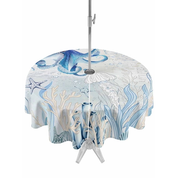 Outdoor Tablecloth with Umbrella Hole and Zipper, Blue Octopus Coastal Round Table Cloth 54 Inch Waterproof Tablecloth, Coral Summer Beach Nautical Ocean Blue Picnic Table Cover for Patio Camping