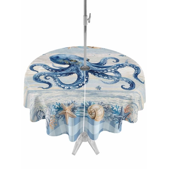 Outdoor Tablecloth with Umbrella Hole & Zipper, Blue Octopus Coastal Round Tablecloth 54 Inch, Summer Beach Coral Starfish Shell Vintage Patio Table Cover Waterproof Table Cloth for Picnic/Party