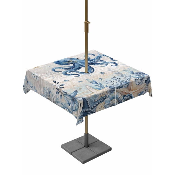 Outdoor Tablecloth with Umbrella Hole & Zipper, Blue Octopus Coastal Square Tablecloth 54x54 Inch, Beach Starfish Nautical Coral Vintage Patio Table Cover Waterproof Table Cloth for Picnic/Party