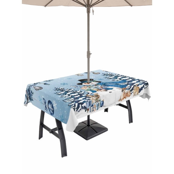 Outdoor Tablecloth with Umbrella Hole and Zipper, Blue Ombre Christmas Rectangle Table Cloth 52x70 Inch Waterproof Tablecloth, Snowman Xmas Tree Balls Snowflake Picnic Table Cover for Patio Camping