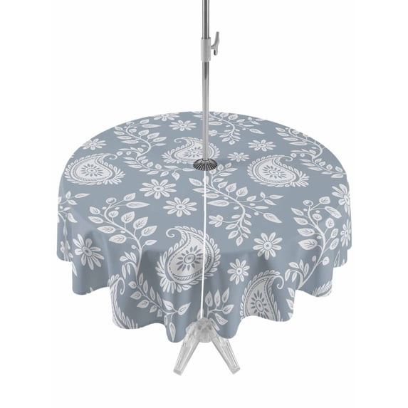 Outdoor Tablecloth with Umbrella Hole and Zipper, Blue Paisley Round Table Cloth 54 Inch Waterproof Tablecloth, Ethnic Vintage Floral Botanical Abstract Picnic Table Cover for Patio Camping