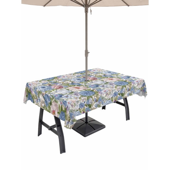 Outdoor Tablecloth with Umbrella Hole and Zipper, Blue Pink Spring Floral Rectangle Table Cloth 54x80 Inch Waterproof Tablecloth, Vintage Summer Botanical Picnic Table Cover for Patio Camping