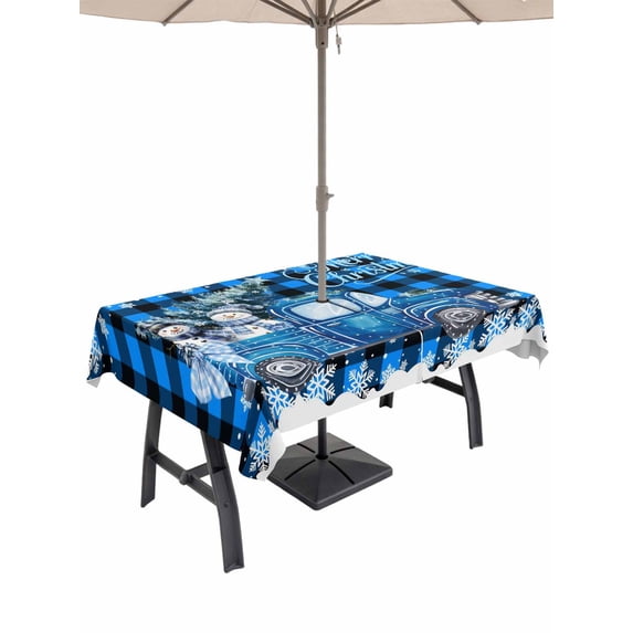 Outdoor Tablecloth with Umbrella Hole and Zipper, Blue Plaid Christmas Truck Rectangle Table Cloth 60x102 Inch Waterproof Tablecloth, Xmas Tree Snowman Snowflake Picnic Table Cover for Patio Camping