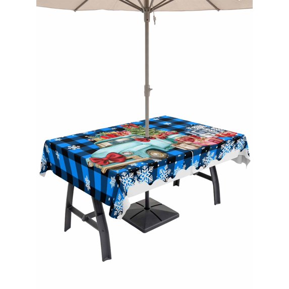 Outdoor Tablecloth with Umbrella Hole and Zipper, Blue Plaid Christmas Trucks Rectangle Table Cloth 54x80 Inch Waterproof Tablecloth, Xmas Tree Gifts Snowflake Picnic Table Cover for Patio Camping