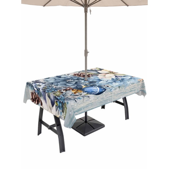 Outdoor Tablecloth with Umbrella Hole and Zipper, Blue Poinsettia Christmas Rectangle Table Cloth 52x70 Inch Waterproof Tablecloth, Xmas Botanical Balls Snowflake Vintage Picnic Table Cover for Patio