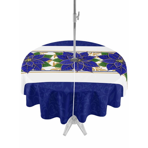 Outdoor Tablecloth with Umbrella Hole and Zipper, Blue Poinsettia Christmas Round Table Cloth 60 Inch Waterproof Tablecloth, Xmas Botanical Vintage Floral Picnic Table Cover for Patio Camping
