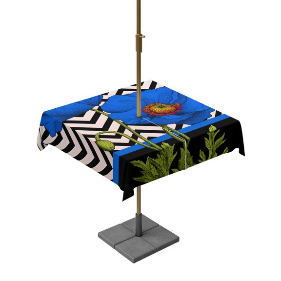 Outdoor Tablecloth with Umbrella Hole and Zipper, Blue Poppy Flower Retro Boho Square Waterproof Table Cover 54x54in Washable Table Cloth for Patio Picnic Party Abstract Black Herringbone