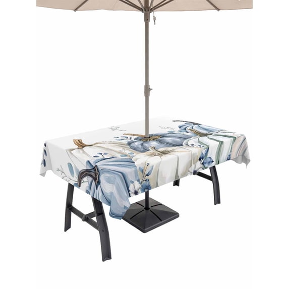 Outdoor Tablecloth with Umbrella Hole and Zipper, Blue Pumpkin Fall Rectangle Table Cloth 60x102 Inch Waterproof Tablecloth, Thanksgiving Eucalyptus Leaves Weeping Picnic Table Cover for Patio