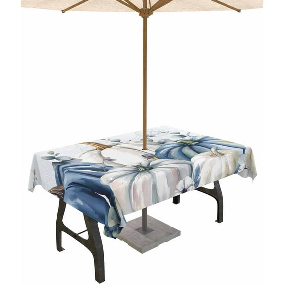 Outdoor Tablecloth with Umbrella Hole & Zipper, Blue Pumpkin Fall Rectangle Tablecloth 60x84 Inch, Thanksgiving Watercolor Eucalyptus Leaves Patio Table Cover Waterproof Table Cloth for Picnic