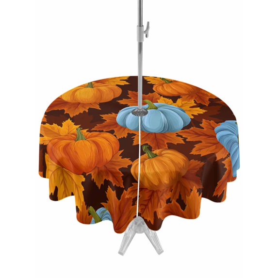 Outdoor Tablecloth with Umbrella Hole and Zipper, Blue Pumpkin Fall Round Table Cloth 54 Inch Waterproof Tablecloth, Thanksgiving Maple Leaves Farmhouse Picnic Table Cover for Patio Camping