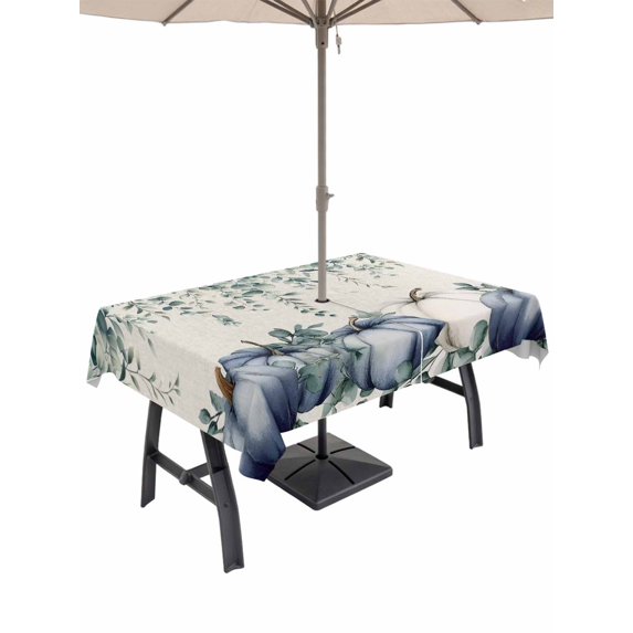 Outdoor Tablecloth with Umbrella Hole and Zipper, Blue Pumpkins Fall Rectangle Table Cloth 54x80 Inch Waterproof Tablecloth, Rustic Thanksgiving Eucalyptus Leaves Picnic Table Cover for Patio Camping