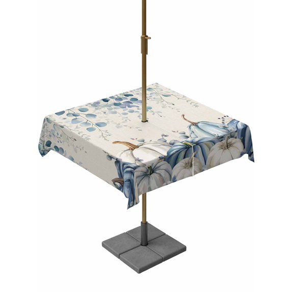 Outdoor Tablecloth with Umbrella Hole and Zipper, Blue Pumpkins Fall Square Table Cloth 60x60 Inch Waterproof Tablecloth, Thanksgiving Eucalyptus Leaf Rustic Picnic Table Cover for Patio Camping