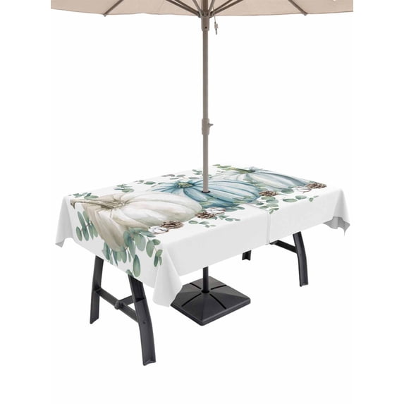 Outdoor Tablecloth with Umbrella Hole and Zipper, Blue Pumpkins Thanksgiving Rectangle Table Cloth 52x70 Inch Waterproof Tablecloth, Fall Green Eucalyptus Pinecones Picnic Table Cover for Patio