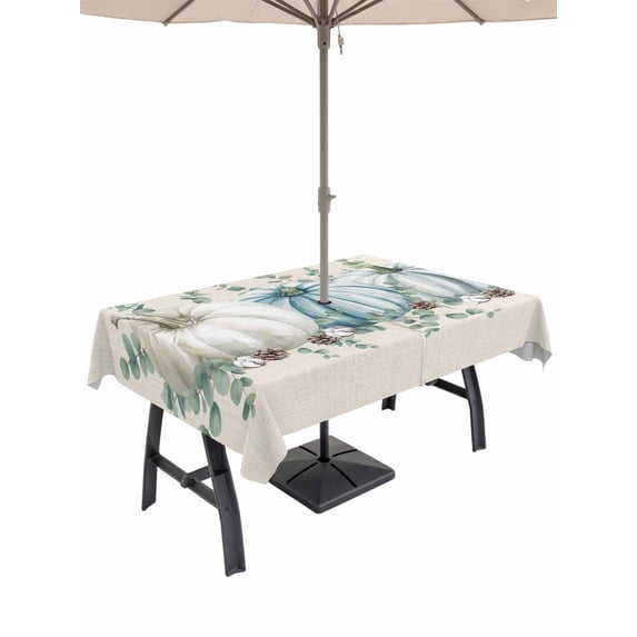 Outdoor Tablecloth with Umbrella Hole and Zipper, Blue Pumpkins Thanksgiving Rectangle Table Cloth 60x102 Inch Waterproof Tablecloth, Fall Green Eucalyptus Retro Beige Picnic Table Cover for Patio