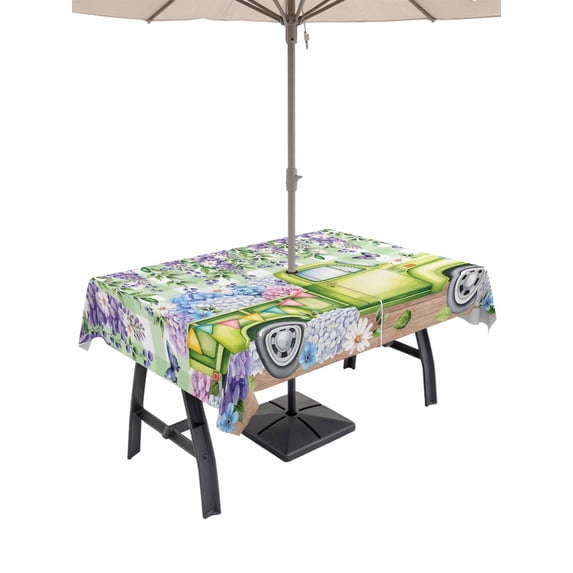 Outdoor Tablecloth with Umbrella Hole and Zipper, Blue Purple Floral Rectangle Table Cloth 60x120 Inch Waterproof Tablecloth, Spring Hydrangea Flower Truck Green Plaid Picnic Table Cover for Patio