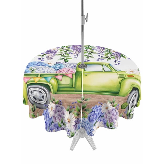 Outdoor Tablecloth with Umbrella Hole and Zipper, Blue Purple Floral Round Table Cloth 60 Inch Waterproof Tablecloth, Spring Country Hydrangea Flower Truck Picnic Table Cover for Patio Camping