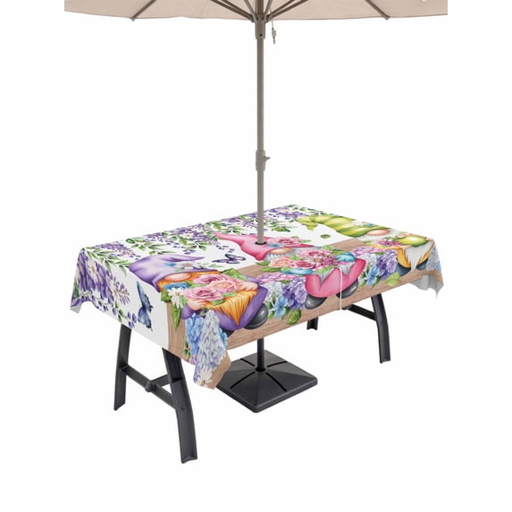Outdoor Tablecloth with Umbrella Hole and Zipper, Blue Purple Gnomes Rectangle Table Cloth 60x120 Inch Waterproof Tablecloth, Spring Country Hydrangea Flower Leaf Picnic Table Cover for Patio Camping