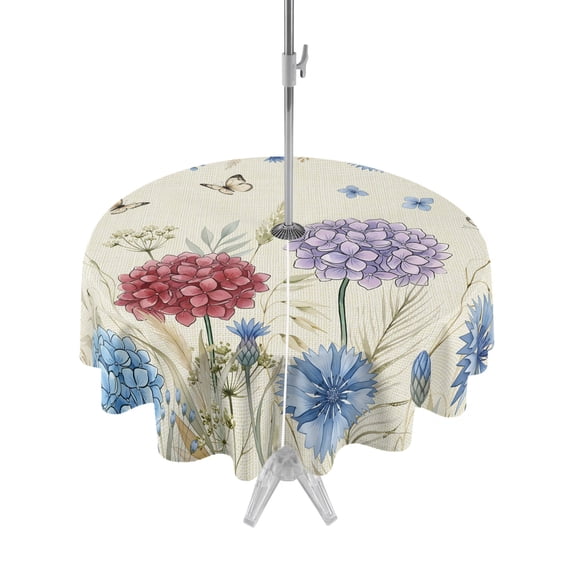 Outdoor Tablecloth with Umbrella Hole Zipper Blue Purple Red Hydrangea Round Tablecloth 54" Waterproof Outside Table Cloth Country Butterflies Flowers Beige Patio Table Cover Tablecloths for Picnic