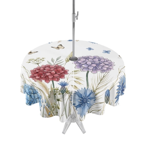 Outdoor Tablecloth with Umbrella Hole Zipper Blue Purple Red Hydrangea Round Tablecloth 54" Waterproof Outside Table Cloth Country Butterflies Flowers Plant Patio Table Cover Tablecloths for Picnic