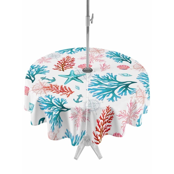 Outdoor Tablecloth with Umbrella Hole and Zipper, Blue Red Coral Round Table Cloth 60 Inch Waterproof Tablecloth, Coastal Nautical Summer Beach Picnic Table Cover for Patio Camping