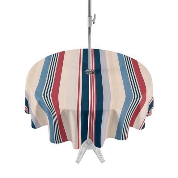 Outdoor Tablecloth with Umbrella Hole Zipper Blue Red Striped Round Tablecloth 60" Waterproof Outside Table Cloth Modern Stripes Art Farmhouse Patio Table Cover Tablecloths for Picnic Party