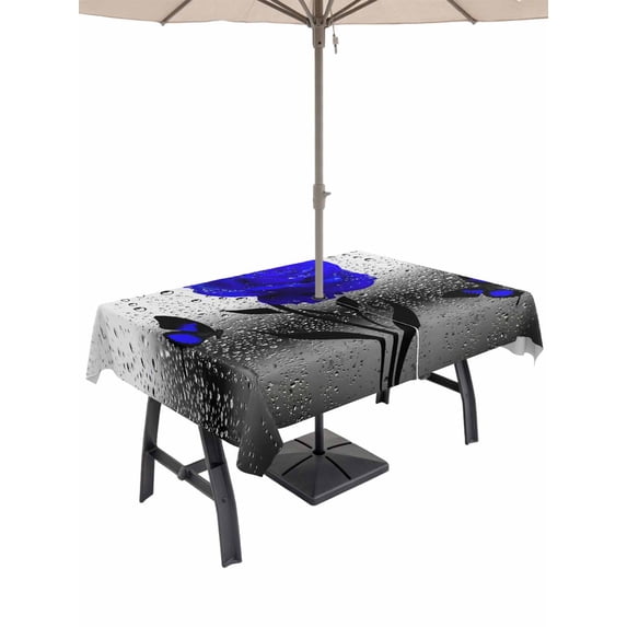 Outdoor Tablecloth with Umbrella Hole and Zipper, Blue Rose Rectangle Table Cloth 60x84 Inch Waterproof Tablecloth, Flower Raindrops Butterfly Grey Art Picnic Table Cover for Patio Camping